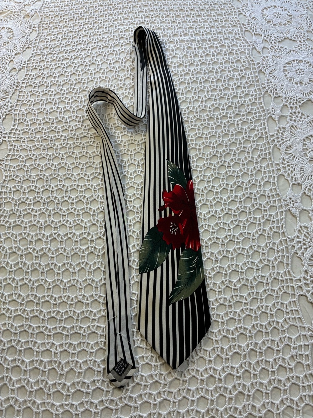Bachrach Men's Silk Tie Black/White Striped Floral Woven Made in Italy